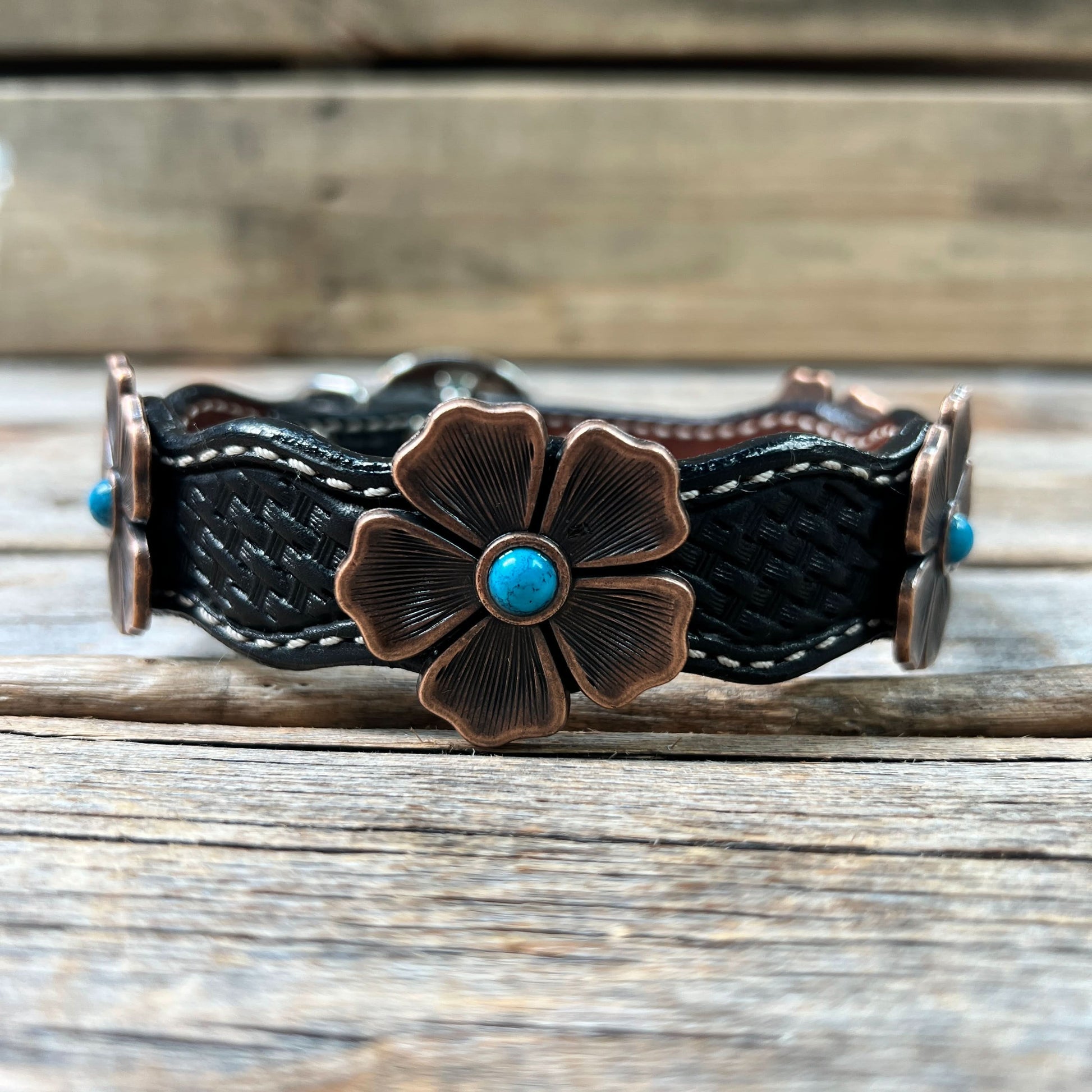 Leather Dog Collar With Copper Flower Conchos 12" to 22" W111S -DC7