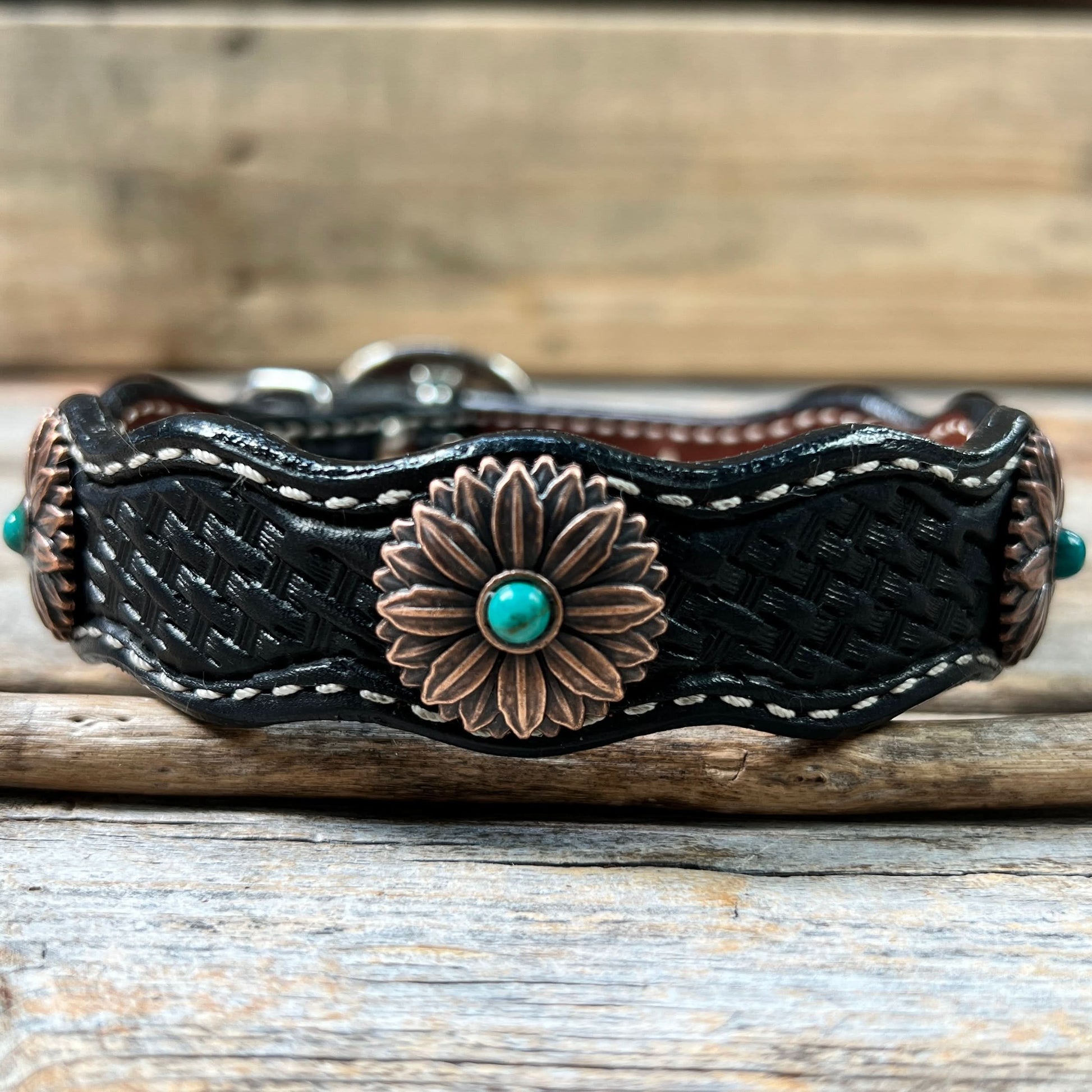 Leather Dog Collar With Copper Flower Conchos 10" to 22" W132S -DC6