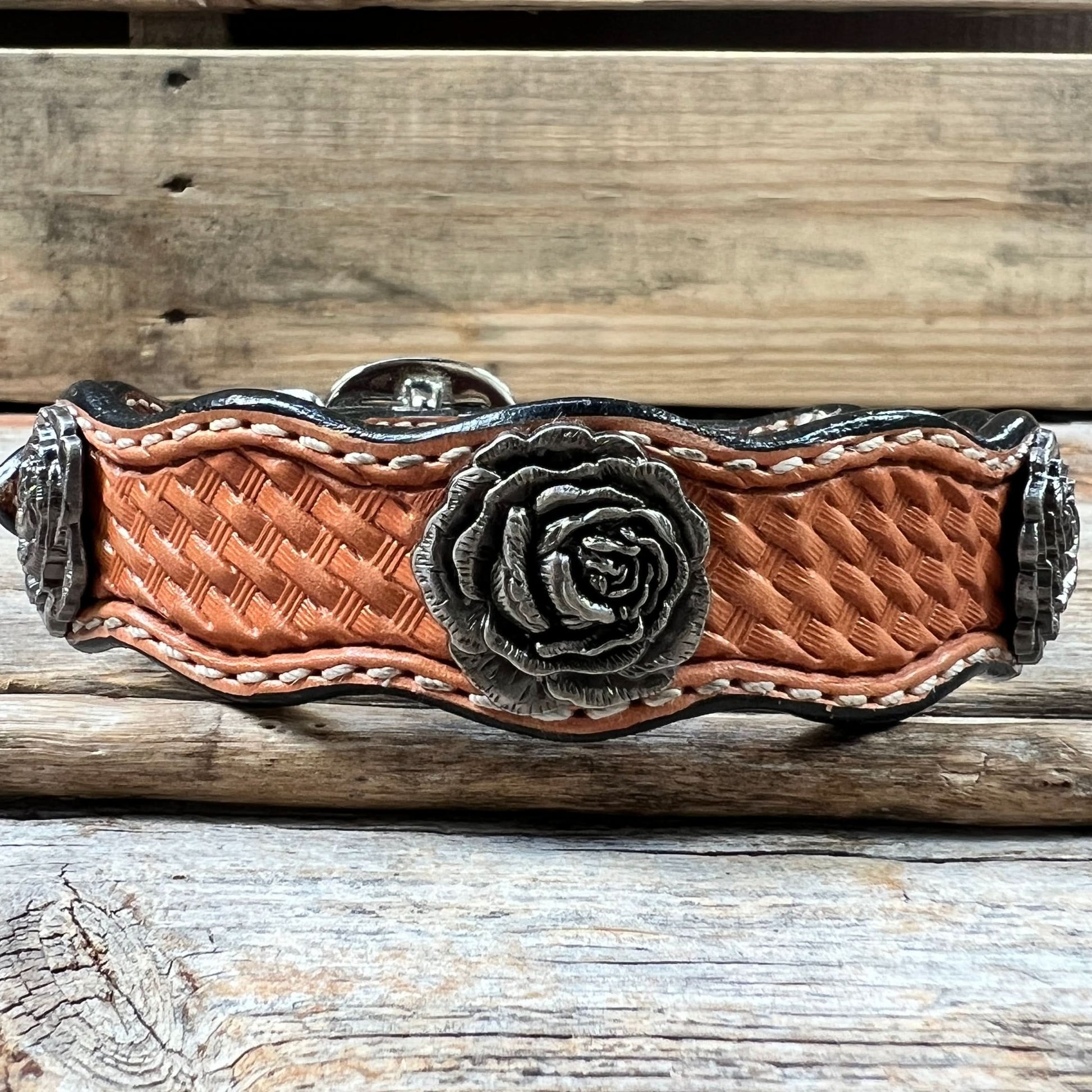 Leather Dog Collar With Antique Silver Rose Conchos 10" to 22" W108S -DC60
