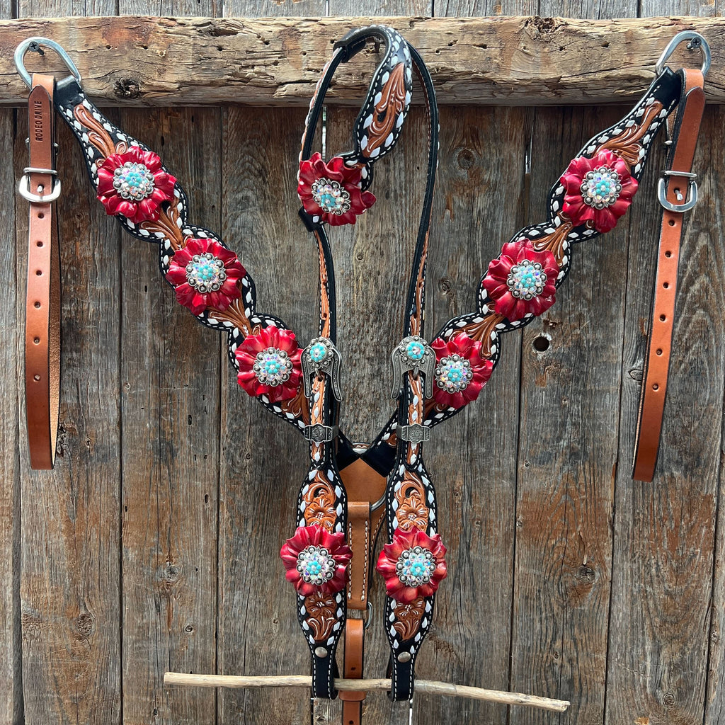 Classic Red and Turquoise Browband / One Ear Tack Set #BBBC436