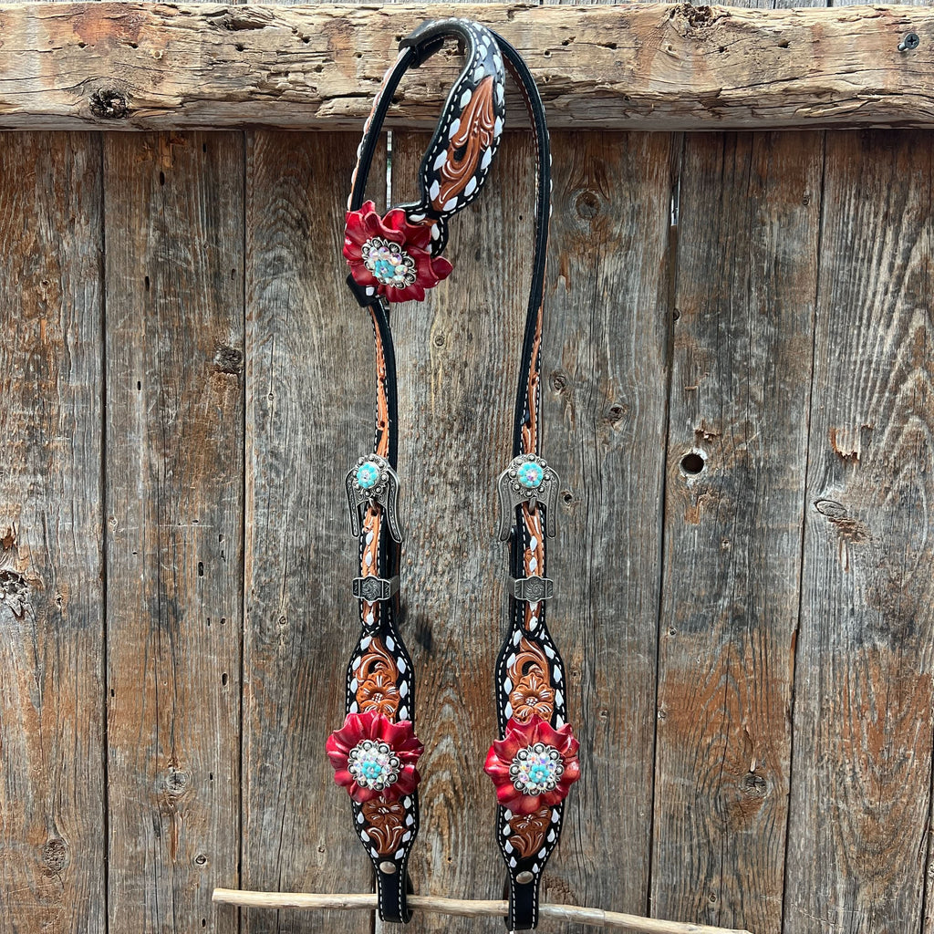 Classic Red and Turquoise Browband / One Ear Tack Set #BBBC436