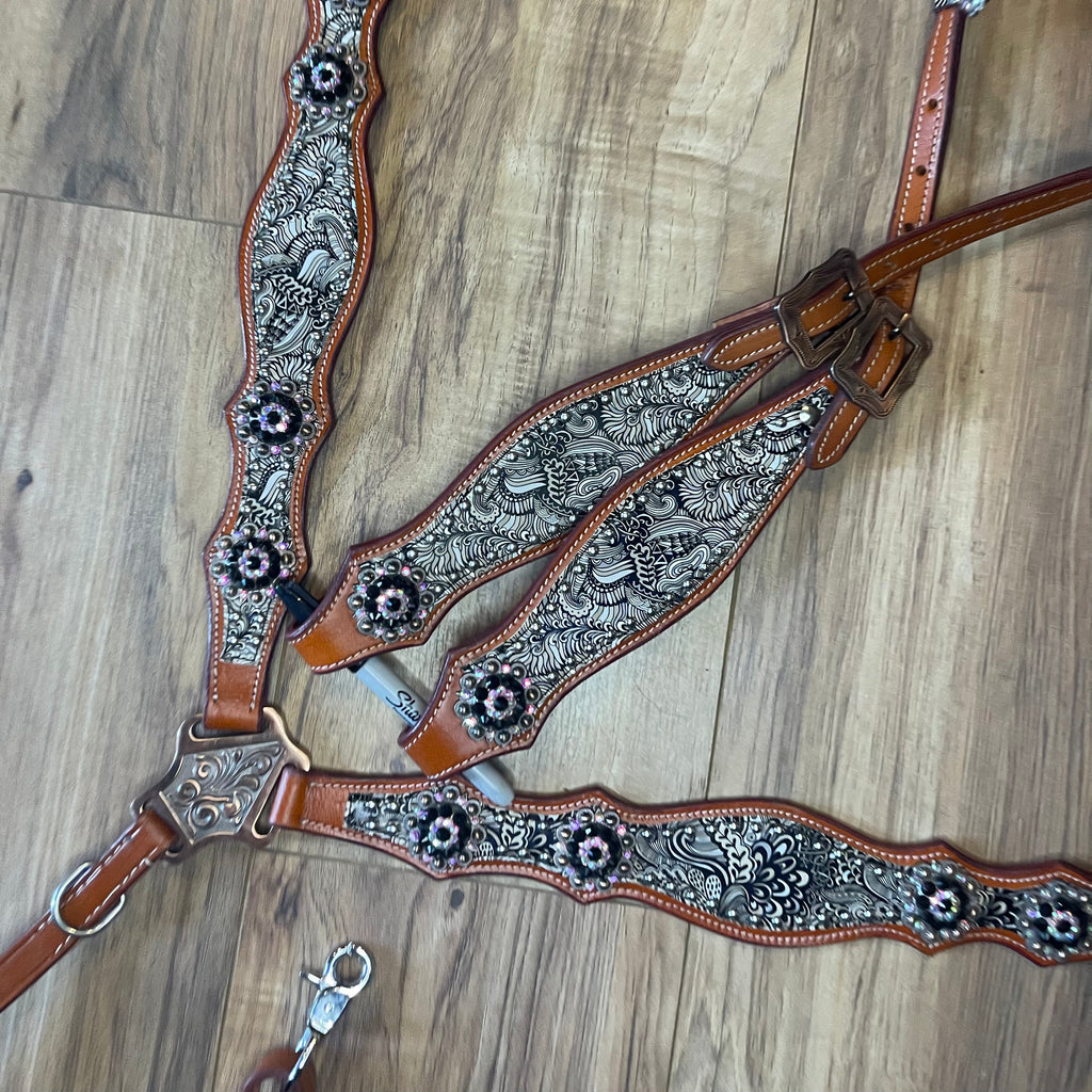 Pre Order Black and white on brown western tack set