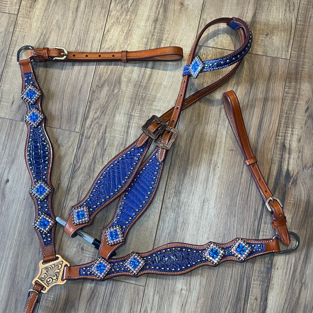 Custom navy blue on brown western tack set handmade for horses