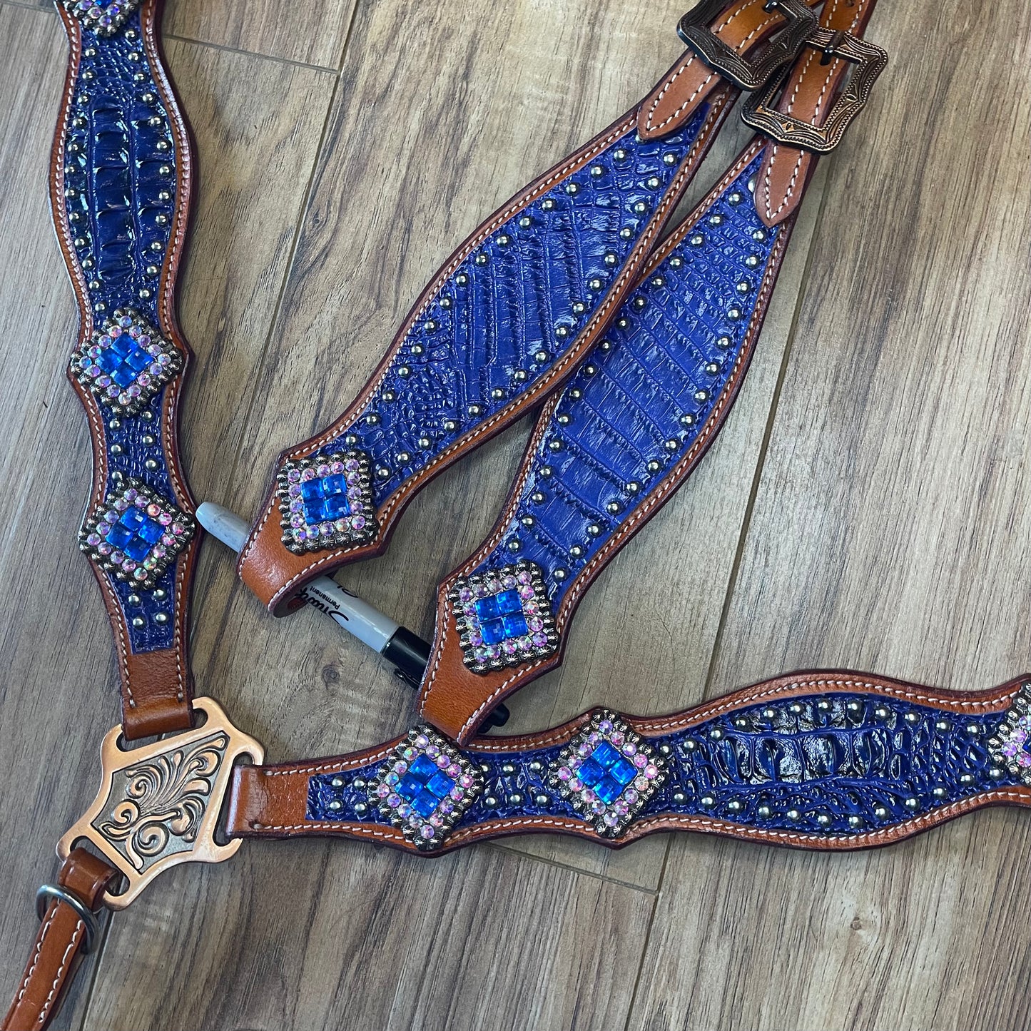 Navy blue on brown western tack set