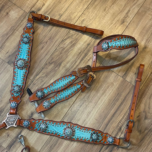 Turquoise on brown western tack set