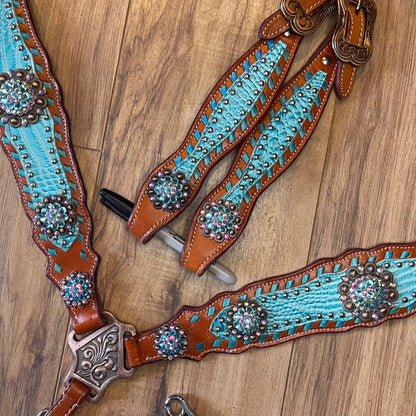 Turquoise on brown western tack set