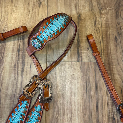 Turquoise on brown western tack set