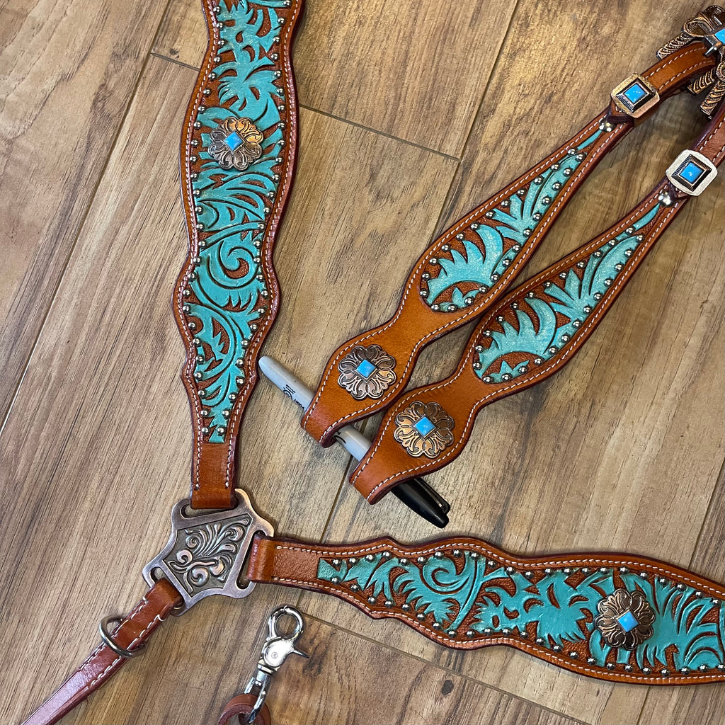 Turquoise blue tooled western tack set