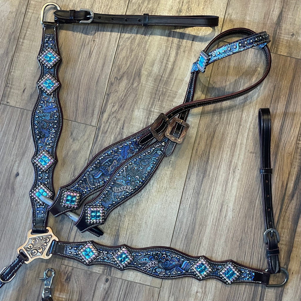 Navy blue and brown western headstall on horse