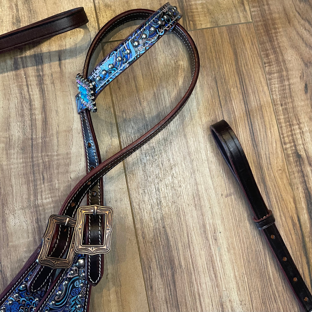 Pre Order Navy Blue & Brown Western Horse Tack Set – Headstall, Breast Collar & Reins | Burch Hill Tack