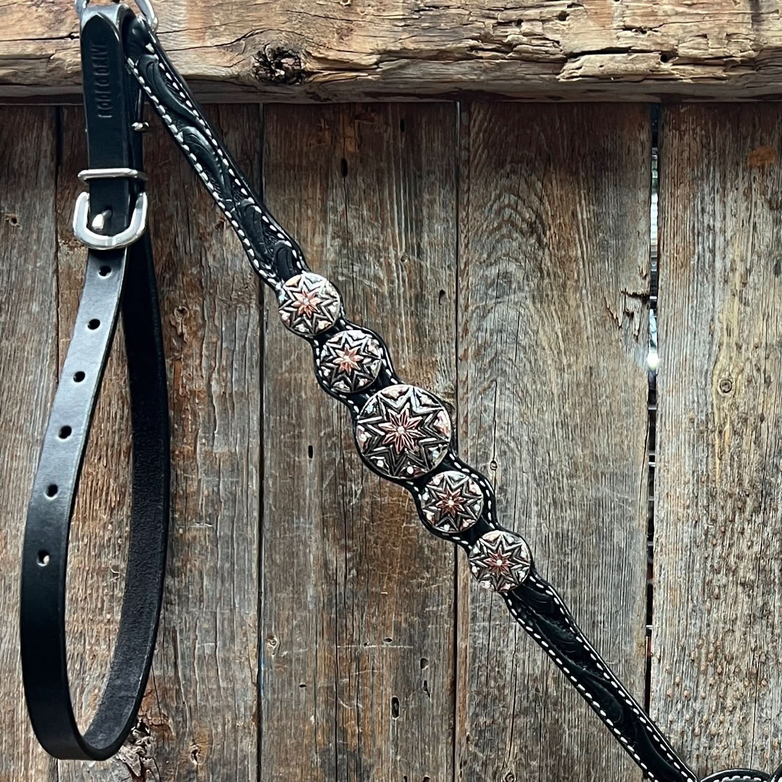 Black Floral Antique Silver Starburst Browband/One Ear Tack Set  #BBBC633