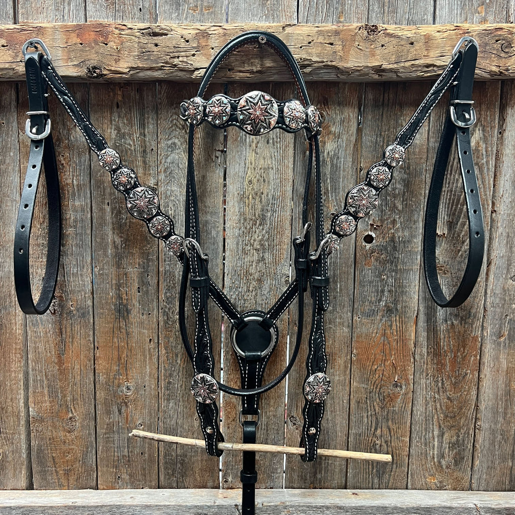 Black Floral Antique Silver Starburst Browband/One Ear Tack Set  #BBBC633