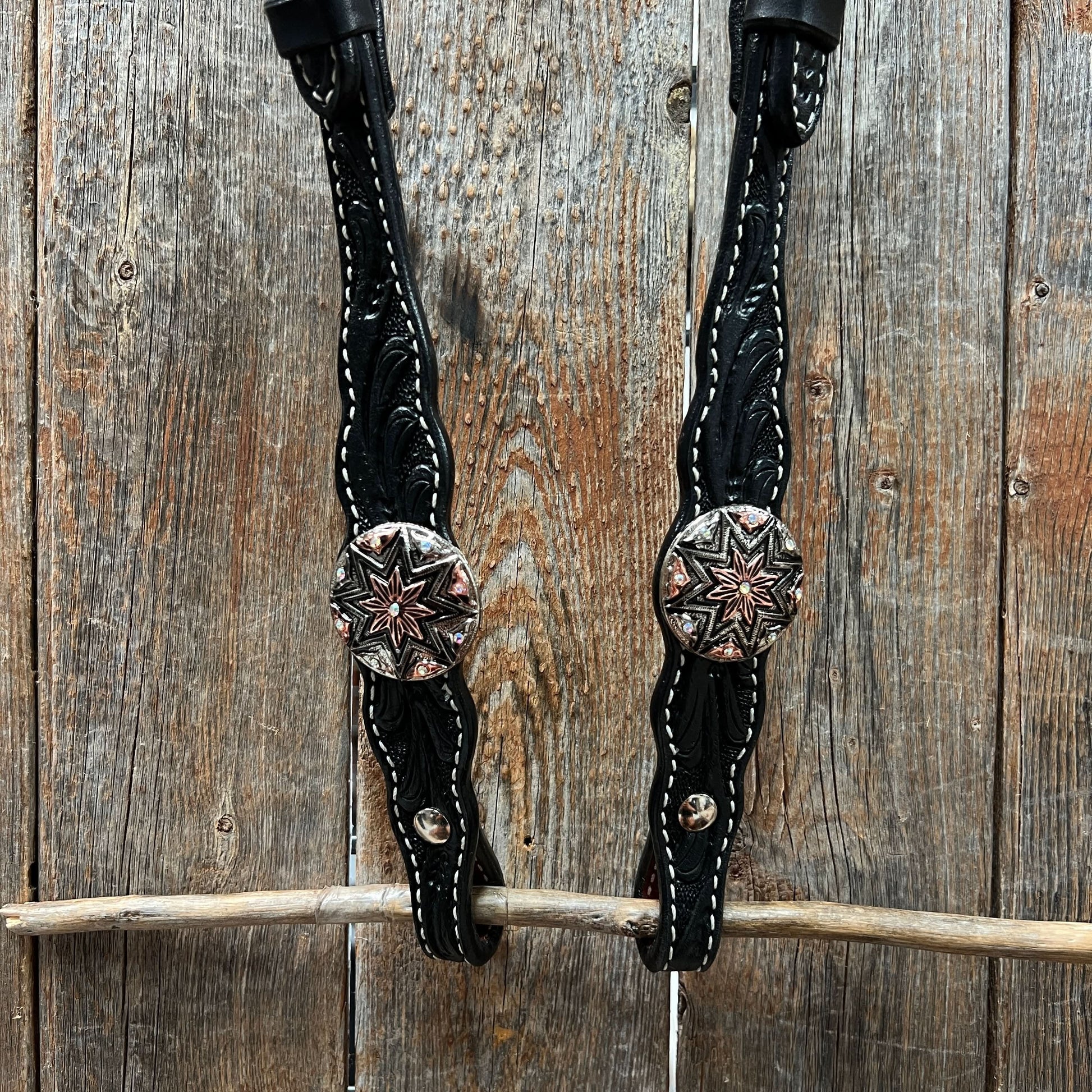 Black Floral Antique Silver Starburst Browband/One Ear Tack Set  #BBBC633