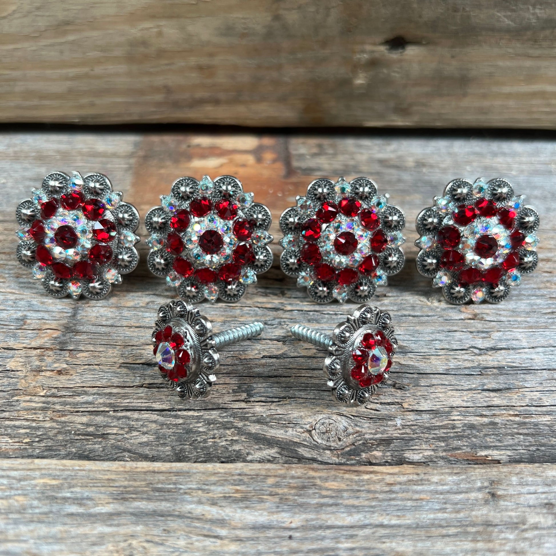 Antique Silver Ruby & AB Saddle Conchos