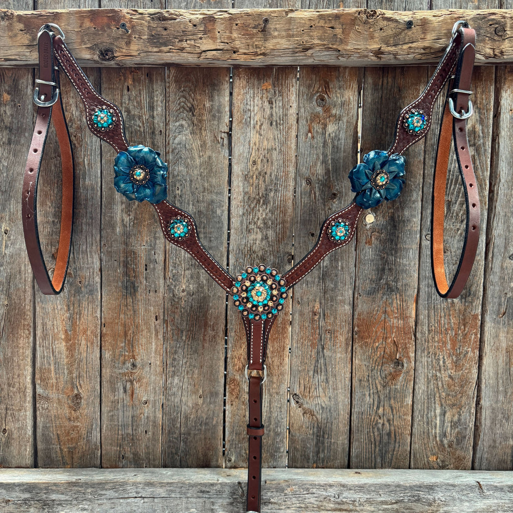 Medium Oil Basketweave Teal, Champagne Browband/One Ear Tack Set  #BBBC671