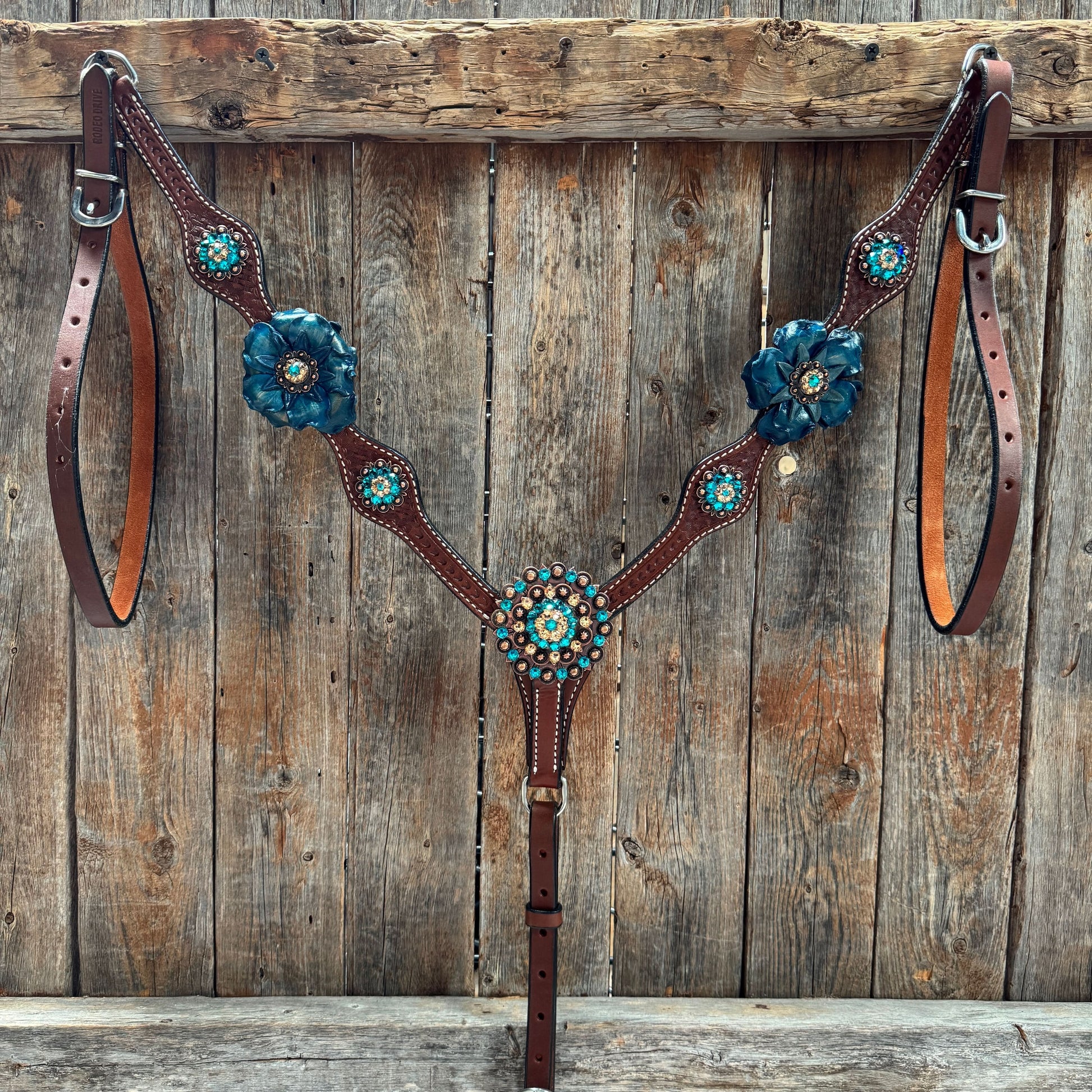 Medium Oil Basketweave Teal, Champagne Browband/One Ear Tack Set  #BBBC671