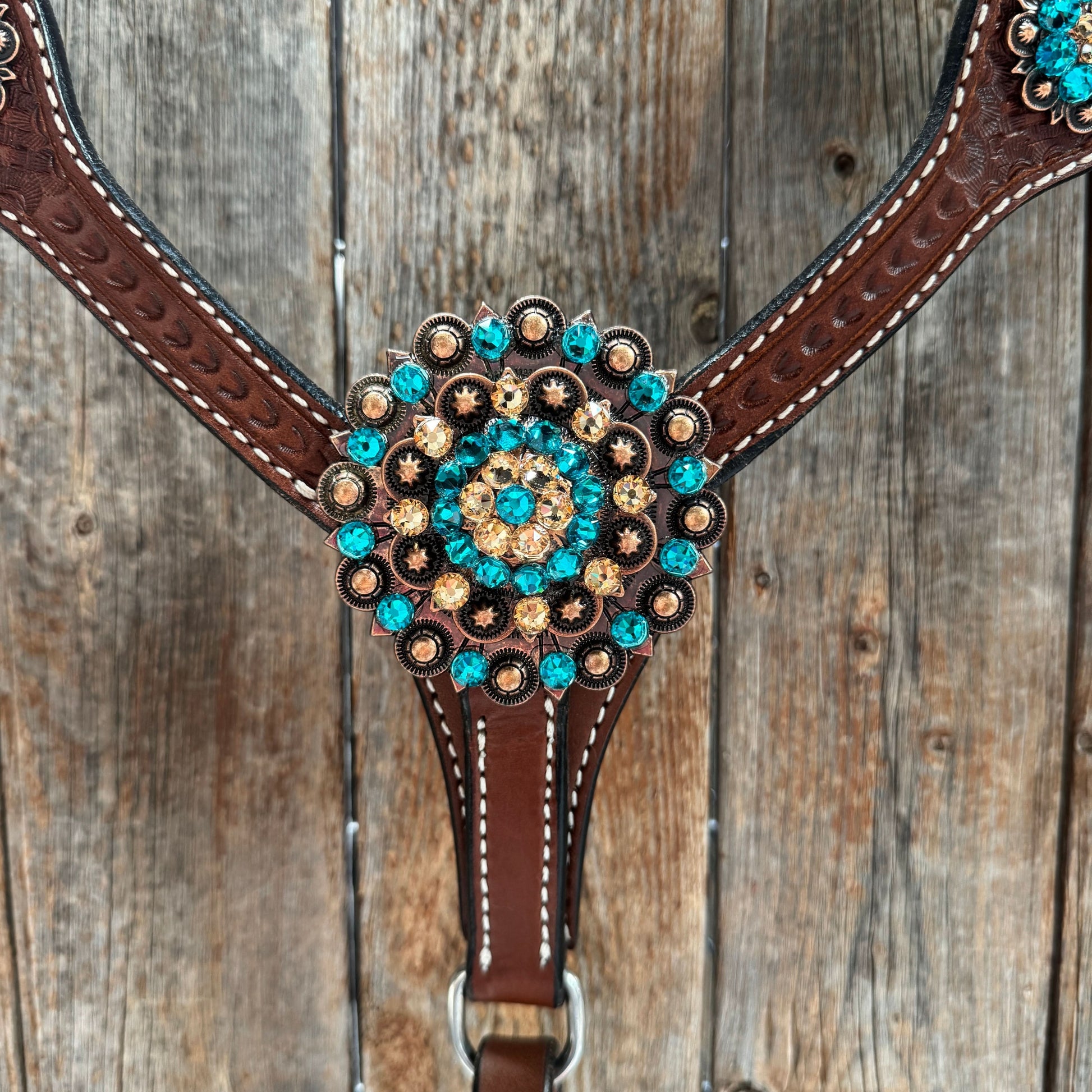 Medium Oil Basketweave Teal, Champagne Browband/One Ear Tack Set  #BBBC671