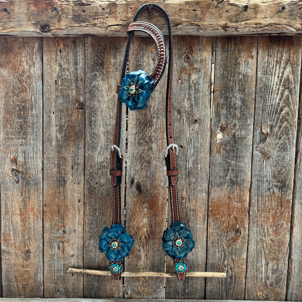 Medium Oil Basketweave Teal, Champagne Browband/One Ear Tack Set  #BBBC671