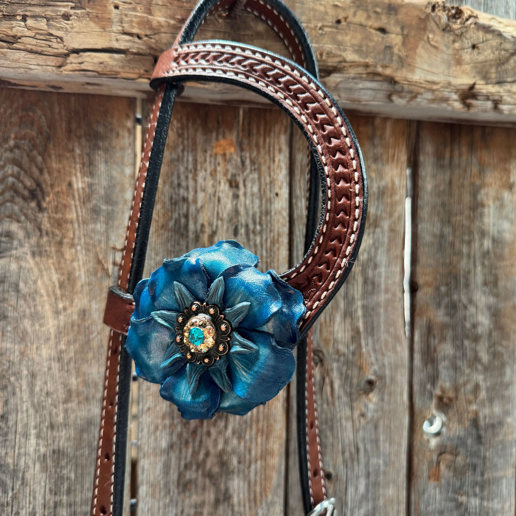 Medium Oil Basketweave Teal, Champagne Browband/One Ear Tack Set  #BBBC671