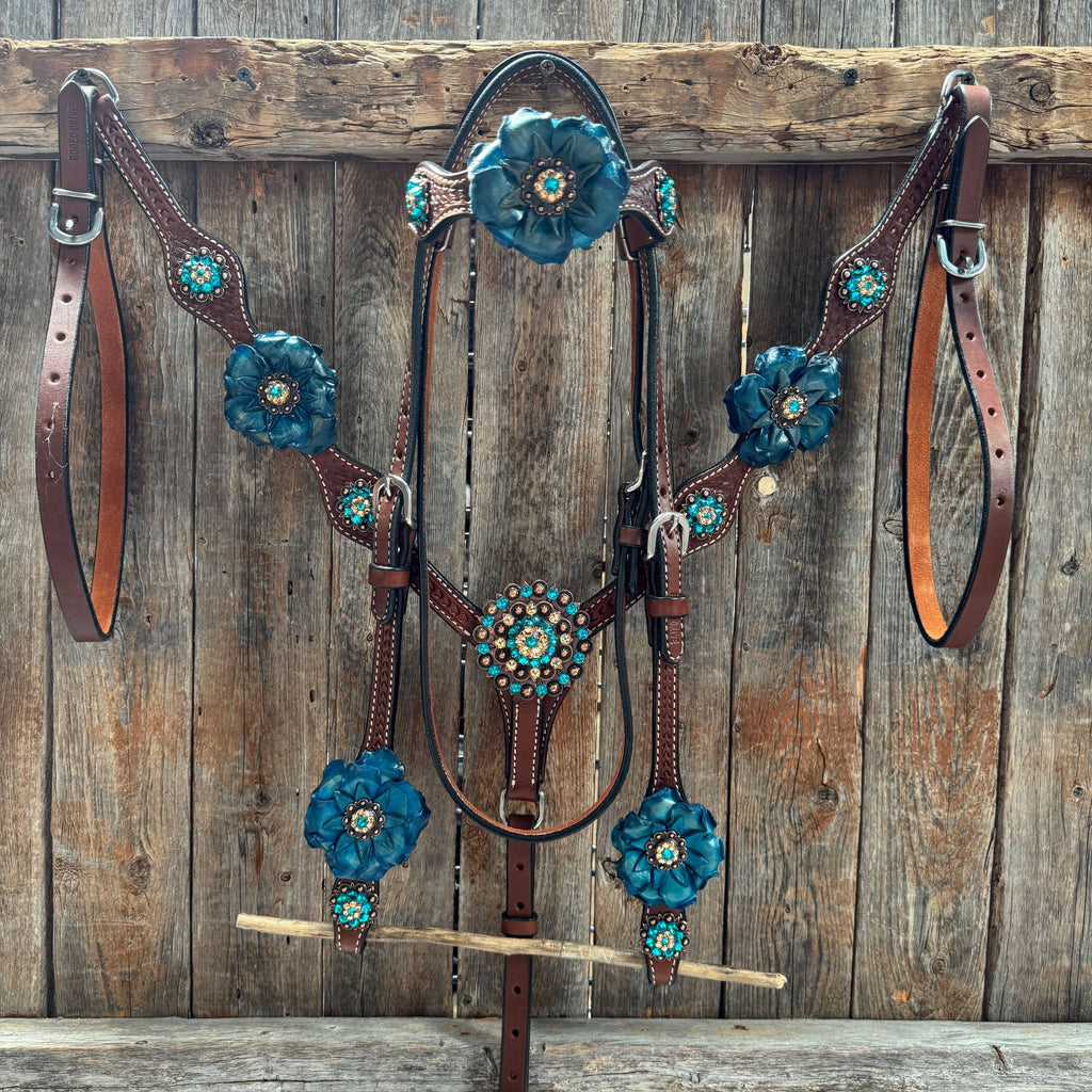 Medium Oil Basketweave Teal, Champagne Browband/One Ear Tack Set  #BBBC671