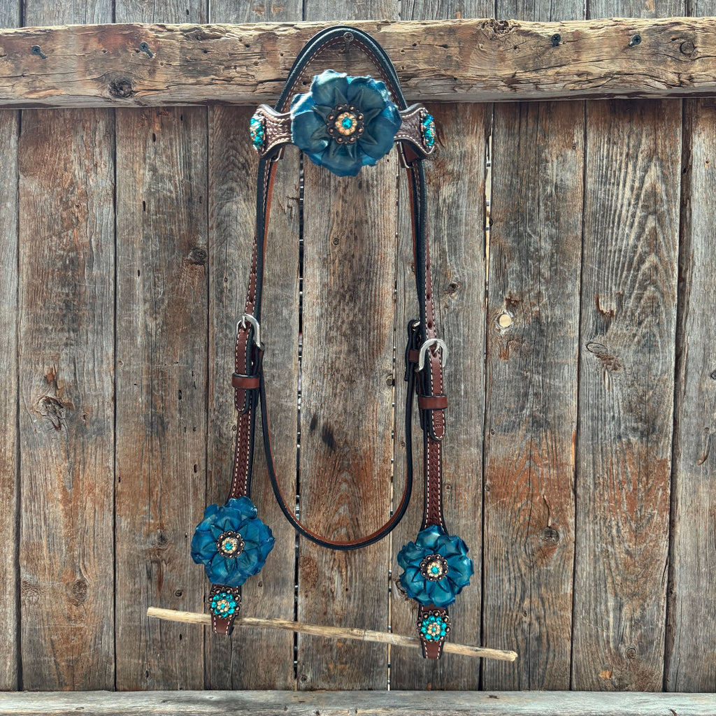 Medium Oil Basketweave Teal, Champagne Browband/One Ear Tack Set  #BBBC671
