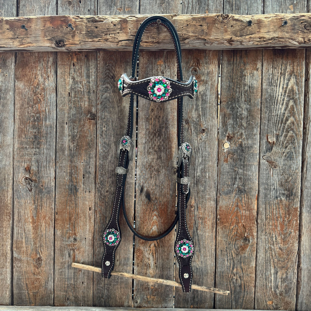 Dark Oil Basketweave Fuchsia, Clear, Emerald Browband/One Ear Tack Set  #BBBC673