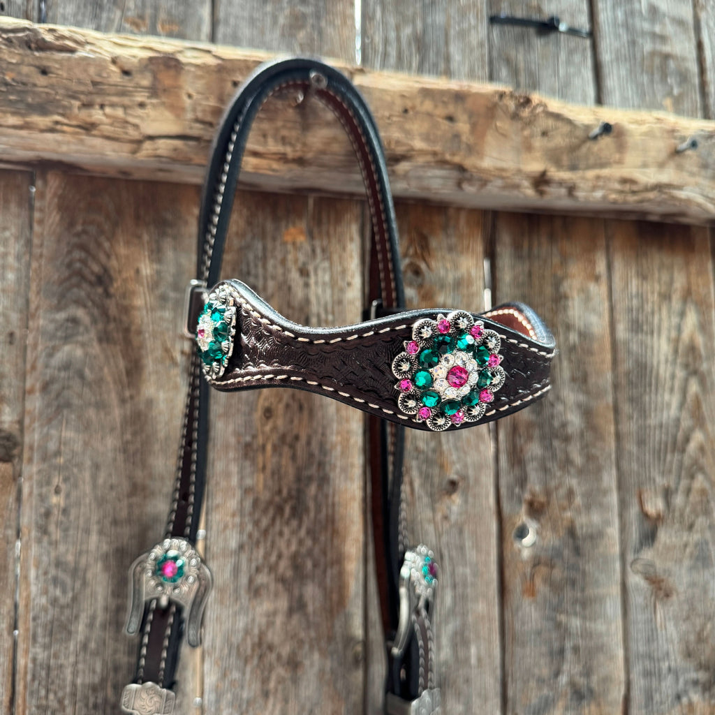 Dark Oil Basketweave Fuchsia, Clear, Emerald Browband/One Ear Tack Set  #BBBC673