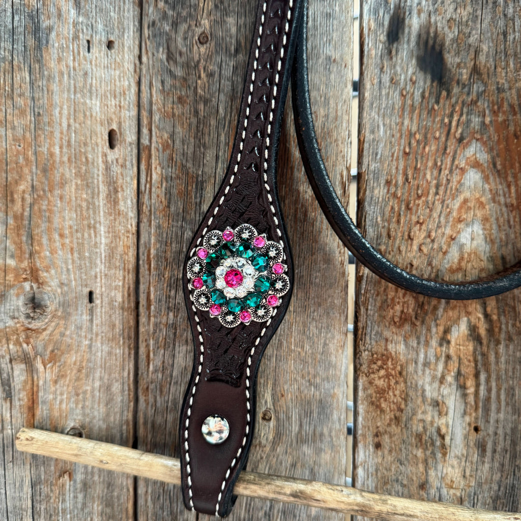 Dark Oil Basketweave Fuchsia, Clear, Emerald Browband/One Ear Tack Set  #BBBC673