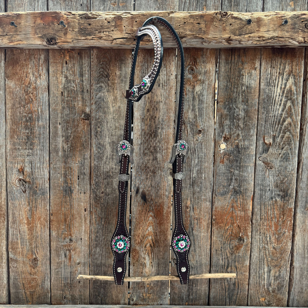 Dark Oil Basketweave Fuchsia, Clear, Emerald Browband/One Ear Tack Set  #BBBC673