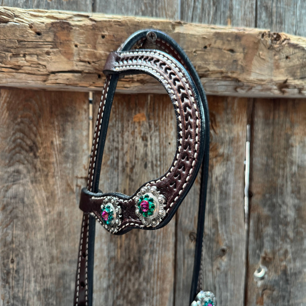 Dark Oil Basketweave Fuchsia, Clear, Emerald Browband/One Ear Tack Set  #BBBC673