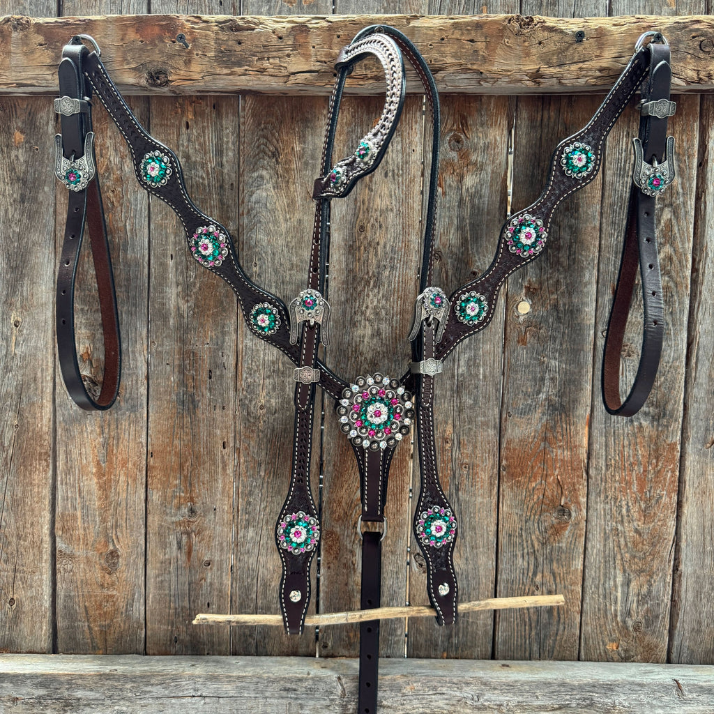 Dark Oil Basketweave Fuchsia, Clear, Emerald Browband/One Ear Tack Set  #BBBC673