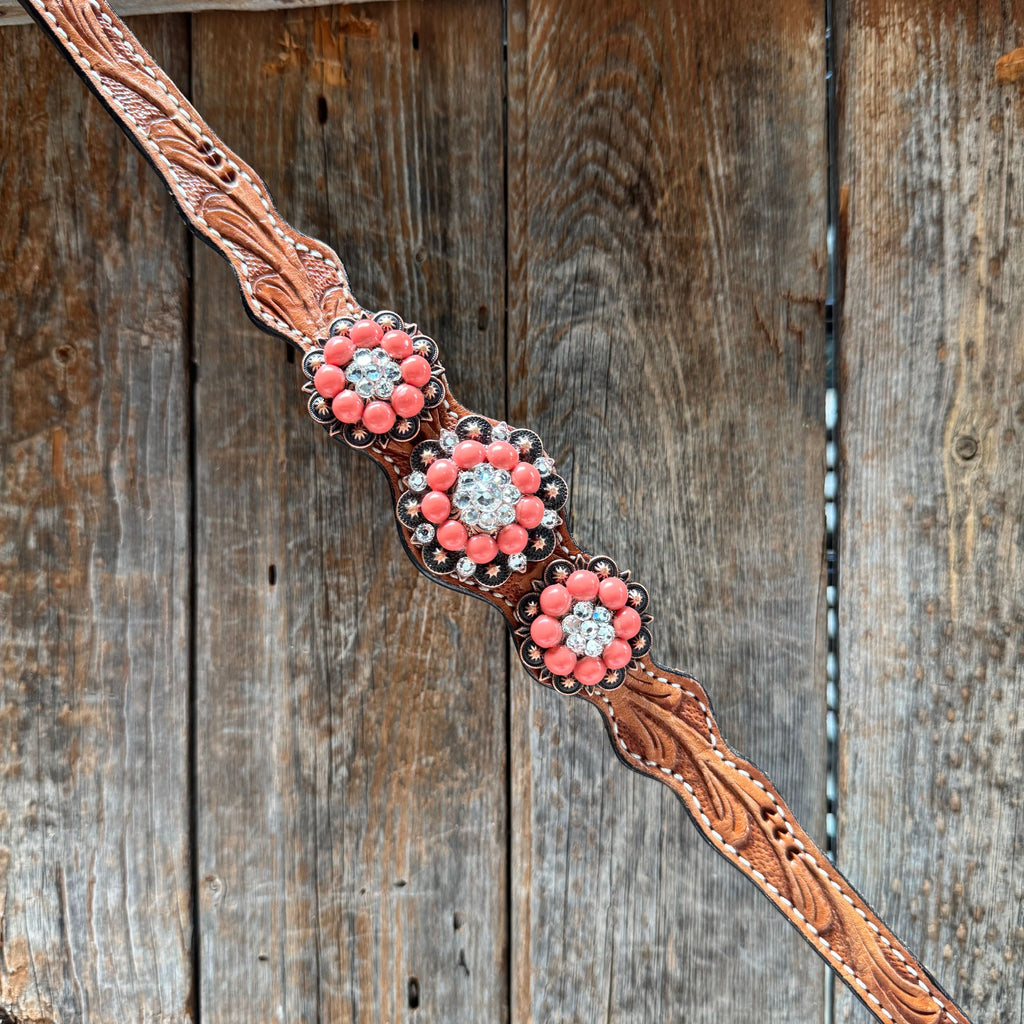 Light Oil Floral Coral, Clear One Ear & Breastcollar Tack Set #OEBC675