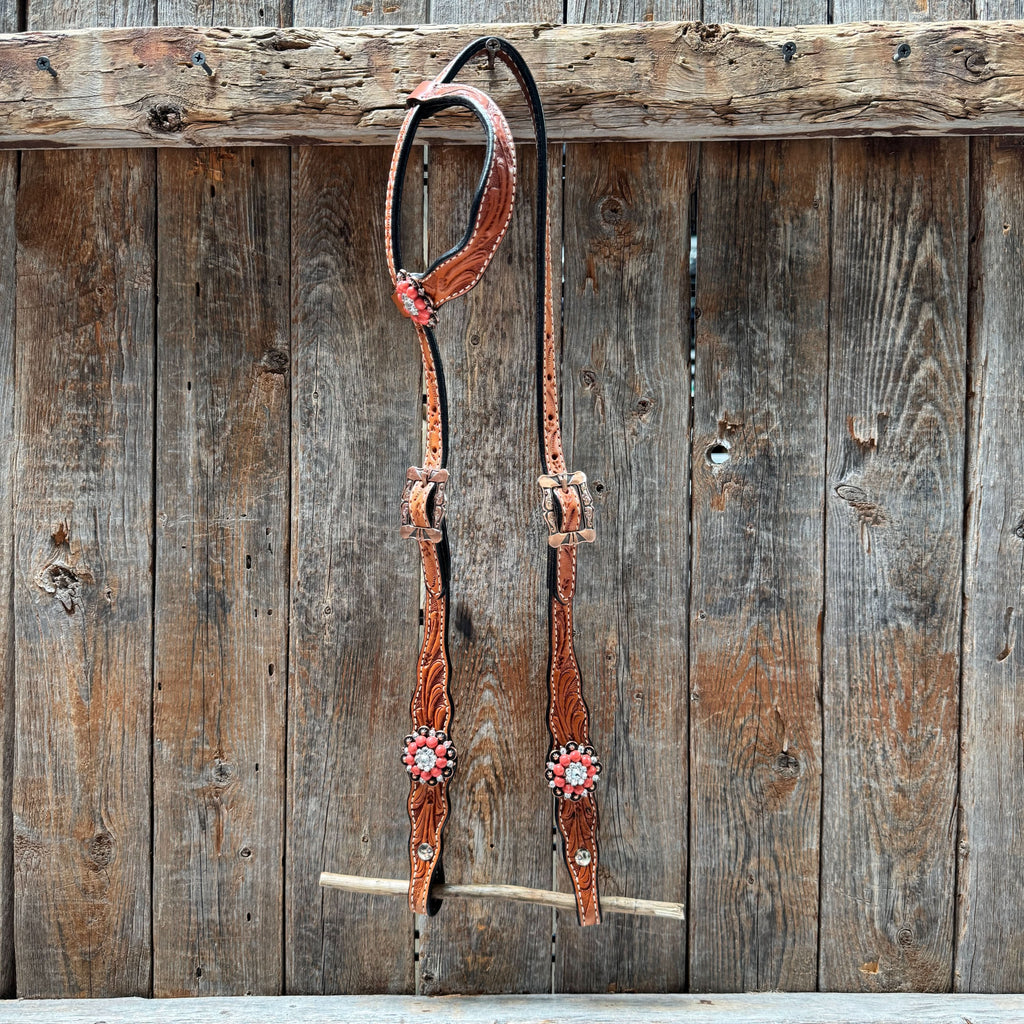 Light Oil Floral Coral, Clear One Ear & Breastcollar Tack Set #OEBC675
