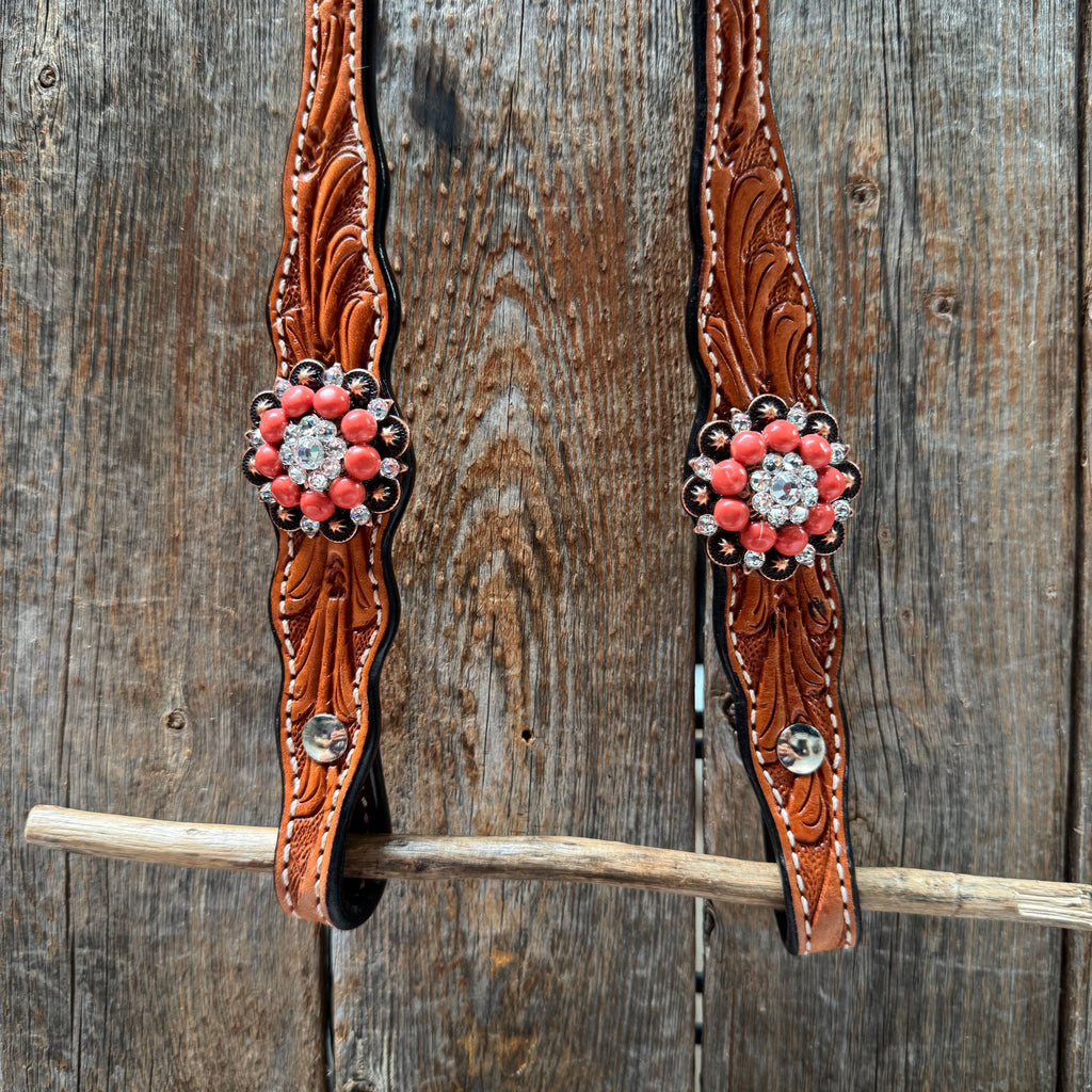 Light Oil Floral Coral, Clear One Ear & Breastcollar Tack Set #OEBC675