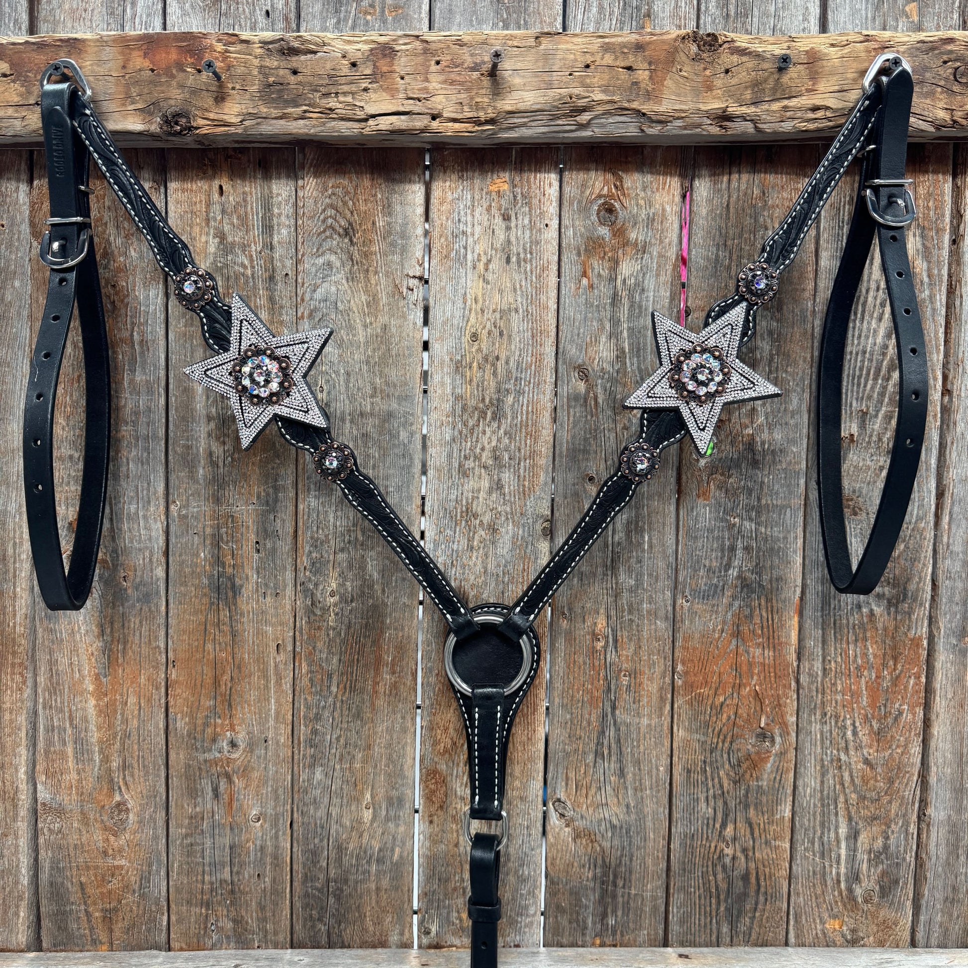 Black Oil Floral Jet and Stars Browband/One Ear Breastcollar Tack Set #BBBC679