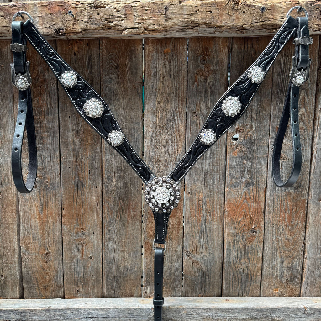Black Oil V Brow Clear Browband & Breastcollar Tack Set #BBBC683