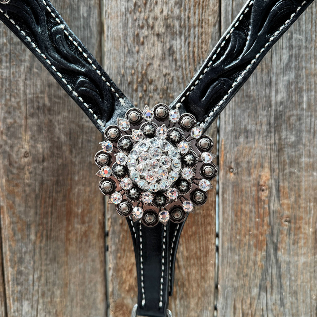 Black Oil V Brow Clear Browband & Breastcollar Tack Set #BBBC683