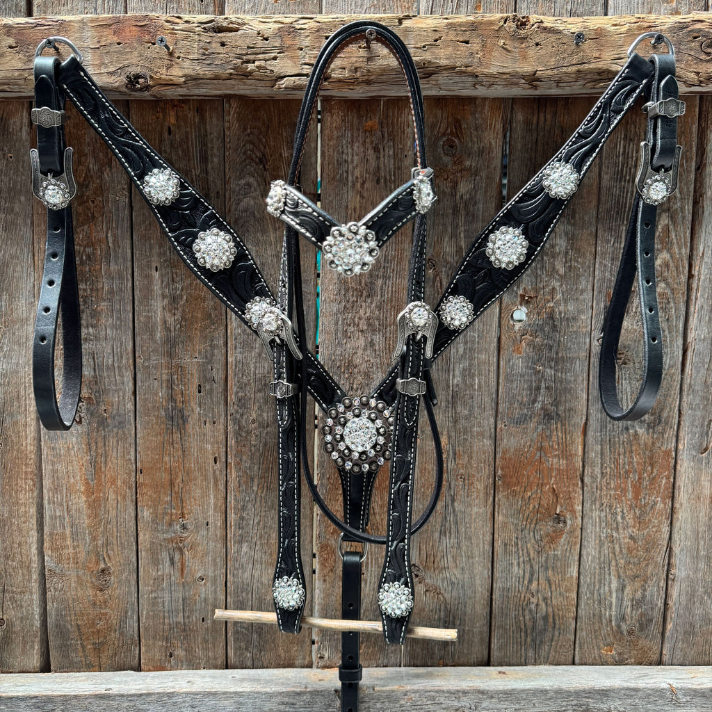 Black Oil V Brow Clear Browband & Breastcollar Tack Set #BBBC683