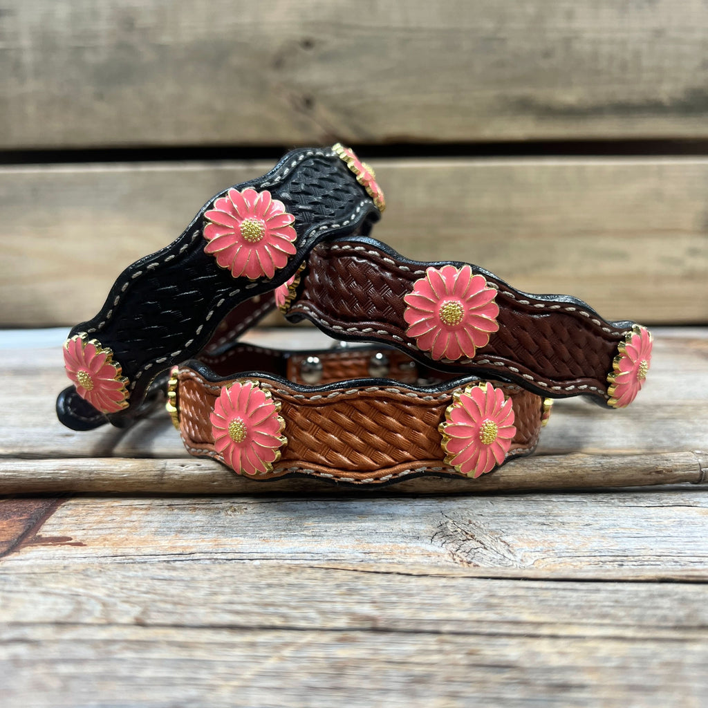 Leather Dog Collar With Pink Flower Conchos 10" to 22" W228S -DC72