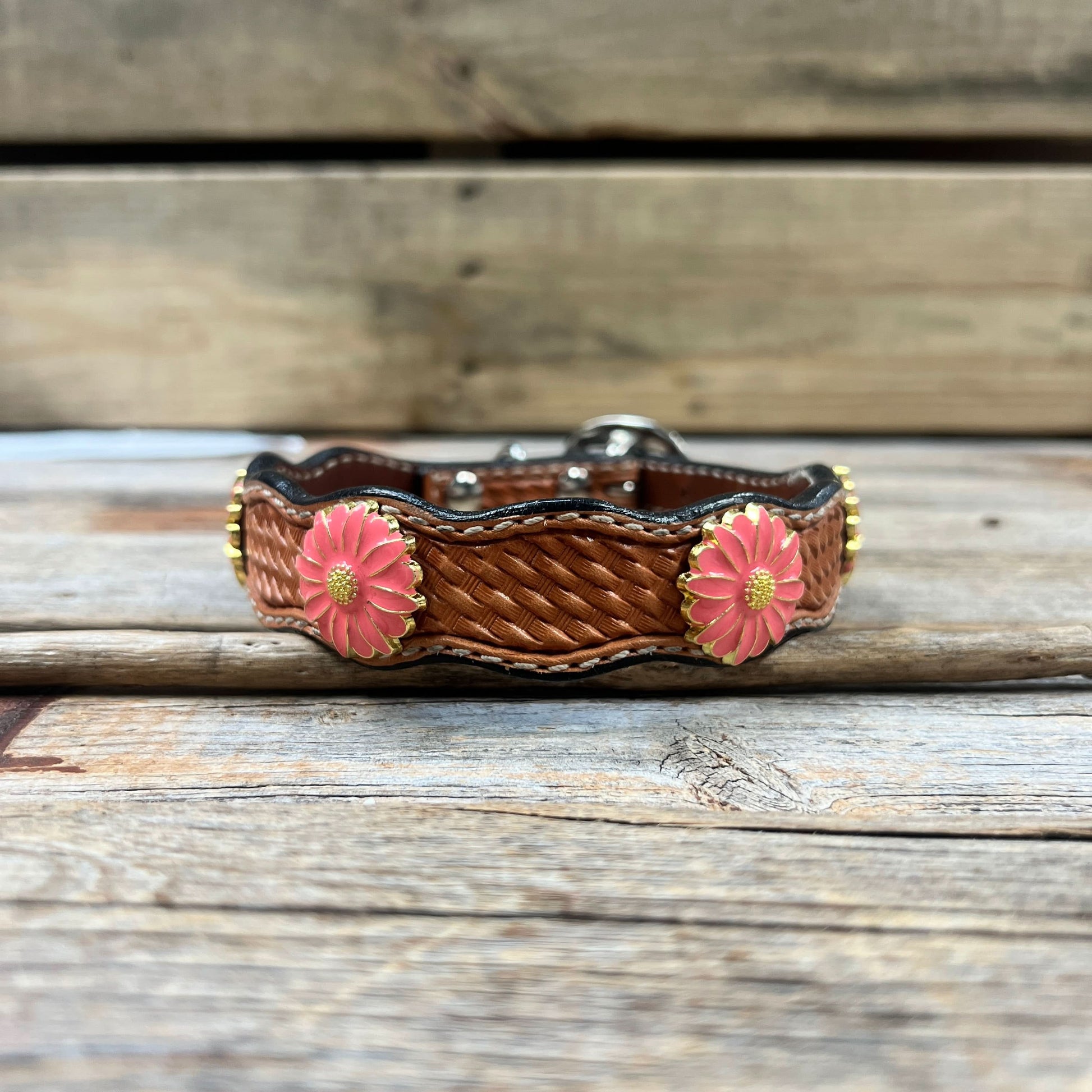 Leather Dog Collar With Pink Flower Conchos 10" to 22" W228S -DC72