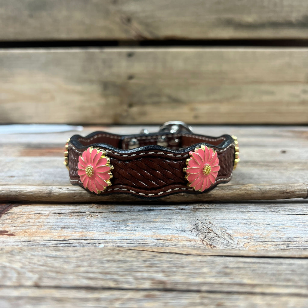 Leather Dog Collar With Pink Flower Conchos 10" to 22" W228S -DC72