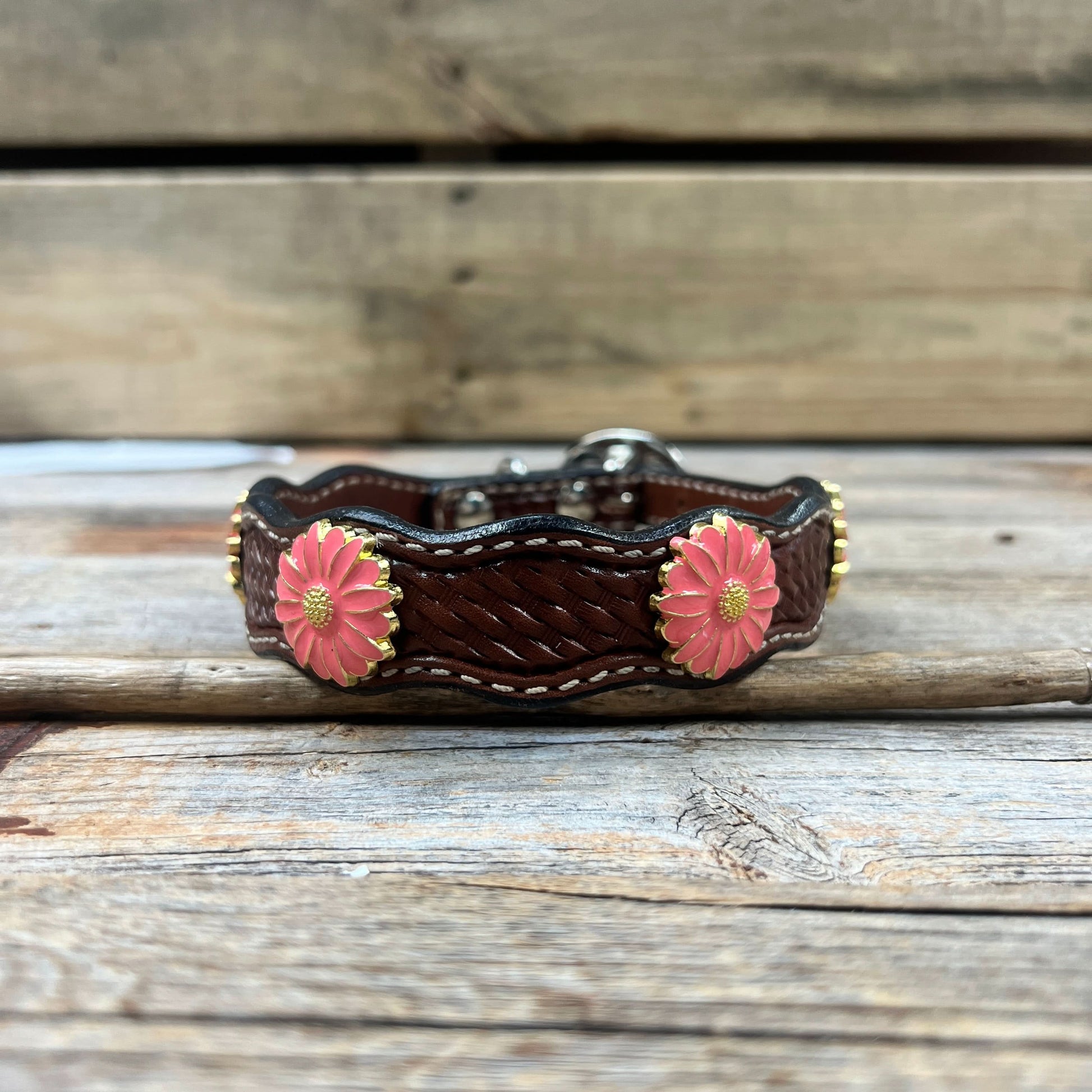 Leather Dog Collar With Pink Flower Conchos 10" to 22" W228S -DC72