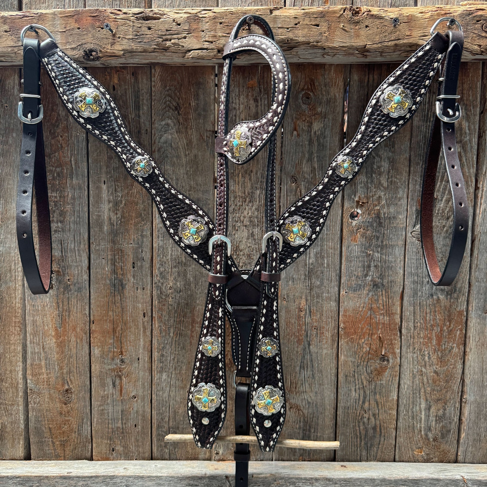 Dark Oil Buckstitch Gold Cross Browband/One Ear and Breastcollar Tack Set #BBBC401