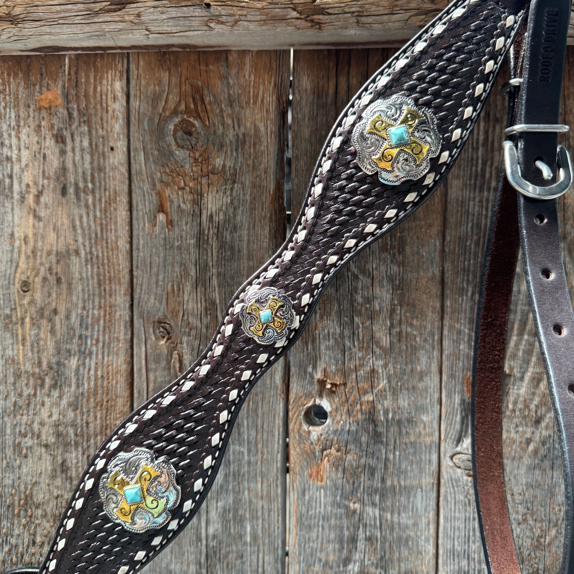 Dark Oil Buckstitch Gold Cross Browband/One Ear and Breastcollar Tack Set #BBBC401