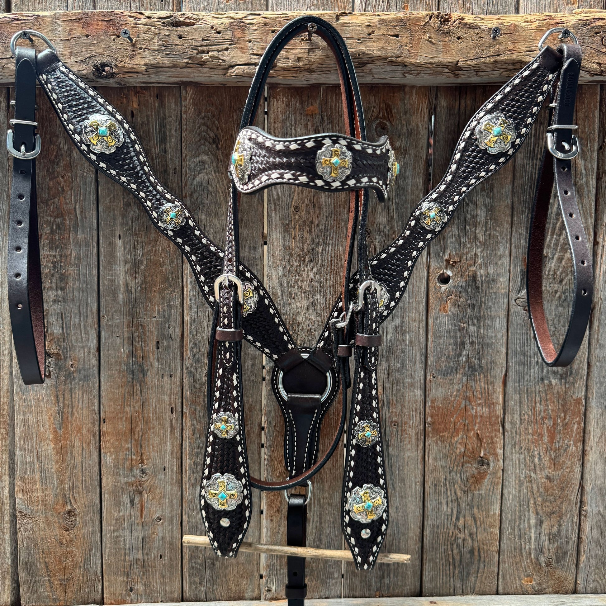 Dark Oil Buckstitch Gold Cross Browband/One Ear and Breastcollar Tack Set #BBBC401