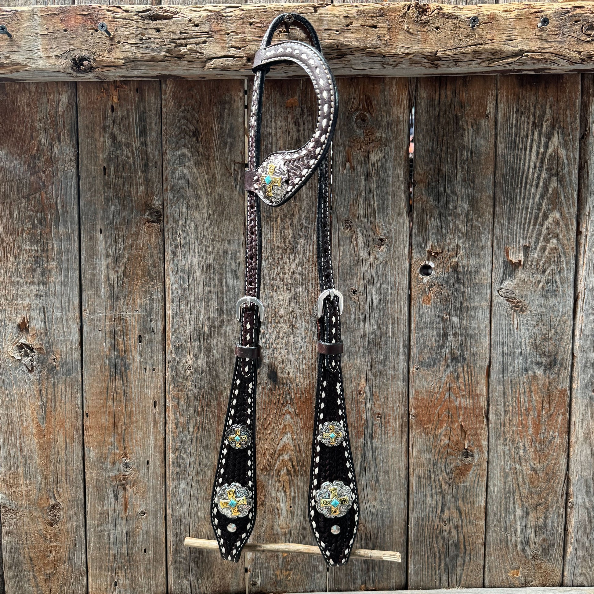 Dark Oil Buckstitch Gold Cross Browband/One Ear and Breastcollar Tack Set #BBBC401