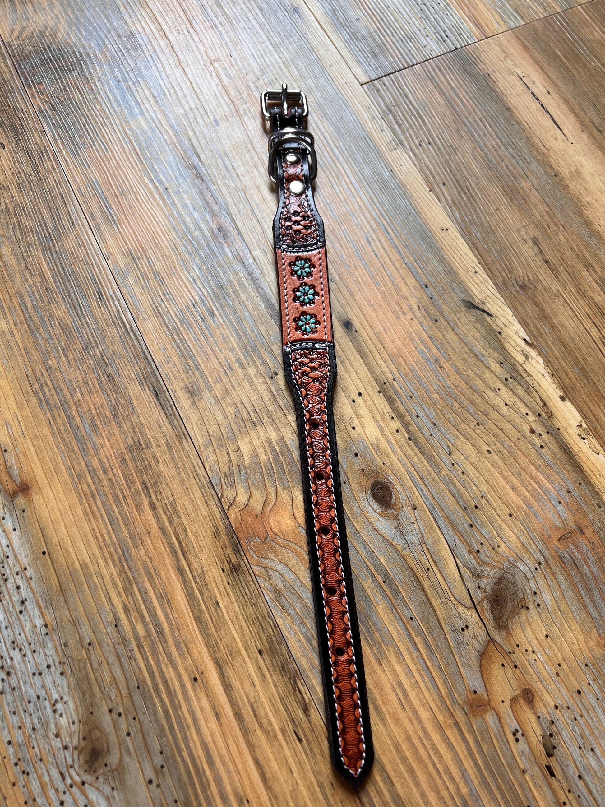 Leather Handpainted Tooled Squash Blossom Dog Collar