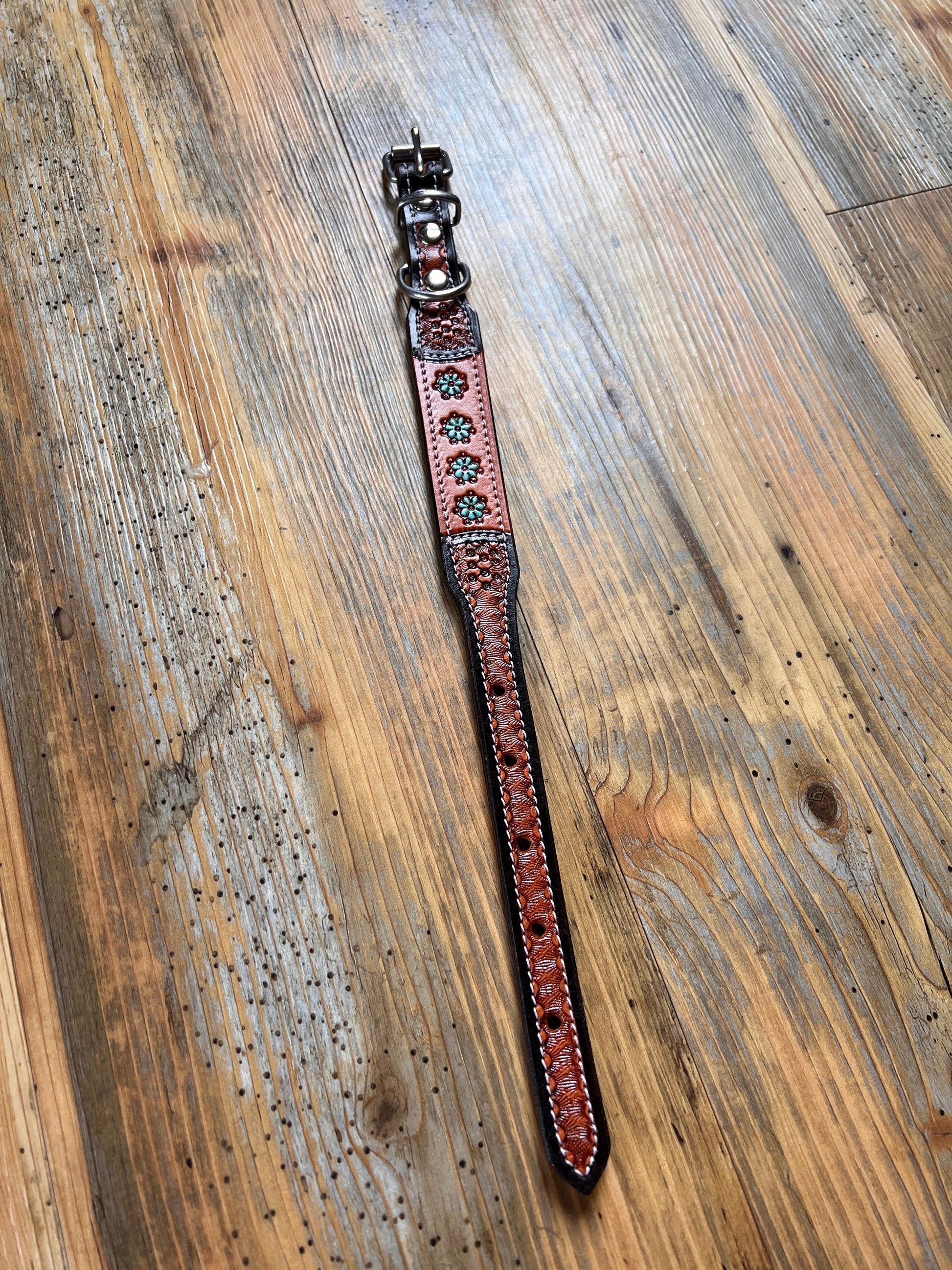 Leather Handpainted Tooled Squash Blossom Dog Collar