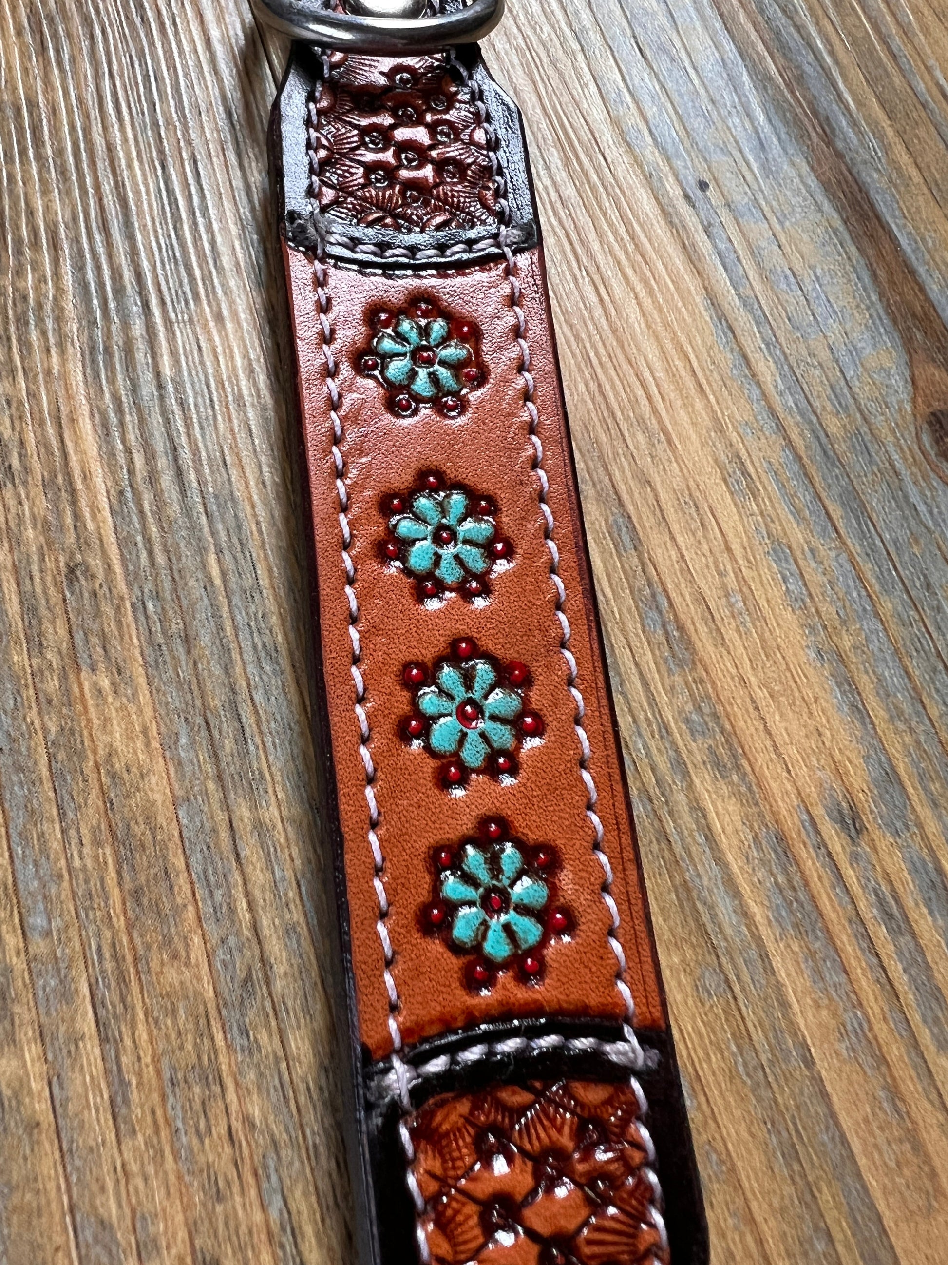 Leather Handpainted Tooled Squash Blossom Dog Collar