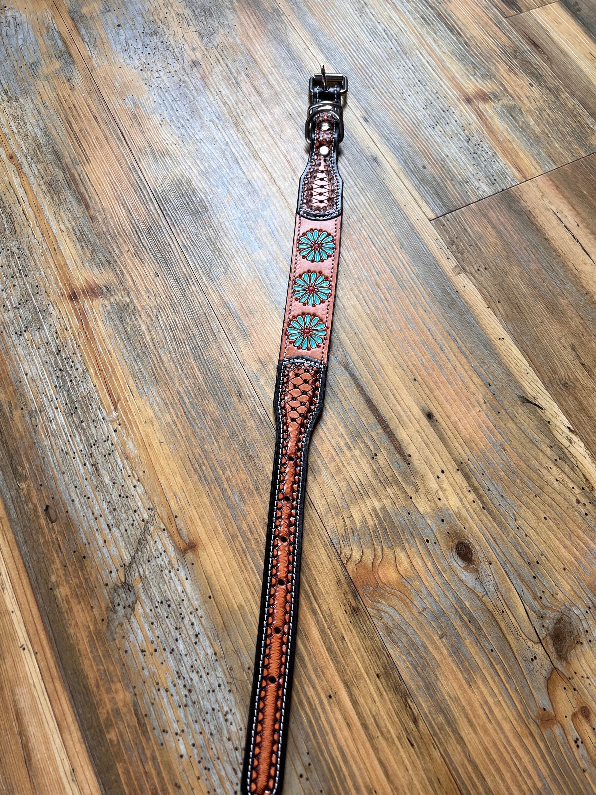 Leather Handpainted Tooled Squash Blossom Dog Collar